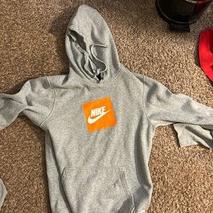 Grey Nike Hoodie With Orange Box Logo
